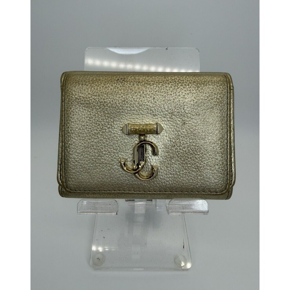 Jimmy Choo JC Logo Leather Trifold Wallet Gold Authentic Designer/131